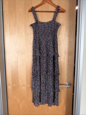 The Reset Smocked Tiered Midi Dress in Black and Pink Speckle